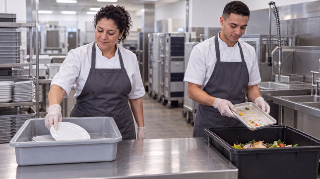 Kitchen staff separating food scraps from dishes in commercial kitchen