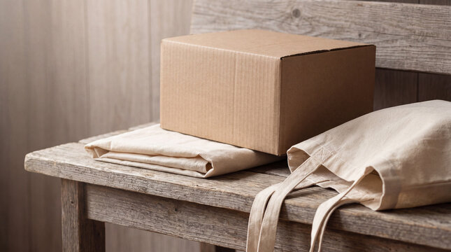 Plain cardboard parcel with reusable canvas bags on wooden bench