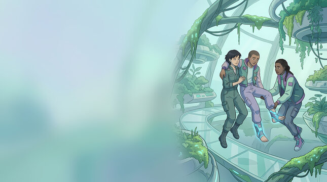 Diverse team of explorers helping an injured teammate through an overgrown futuristic space station biodome with lush green plants