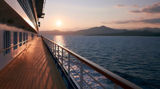 Sunset view from cruise ship deck with mountains in distance and calm ocean waters reflecting golden light