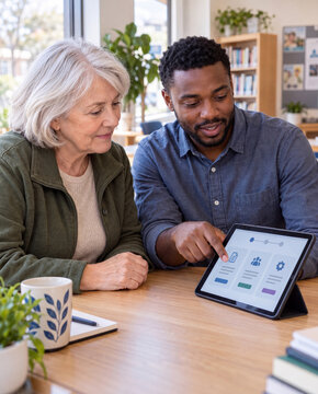 Man helping older woman use tablet in bright community room