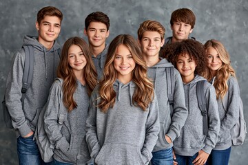 Fototapeta premium Group of smiling teenagers in gray hoodies student lifestyle portrait
