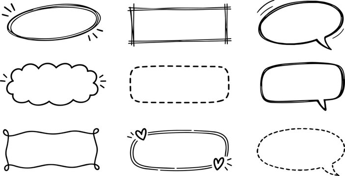 Hand drawn decorative frame and label collection with oval, rectangular, cloud, speech bubble and dashed border designs, isolated on white background.