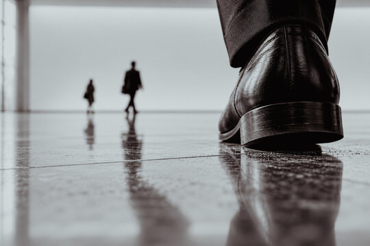 Close-up of a man's leather shoe walking on a polished floor