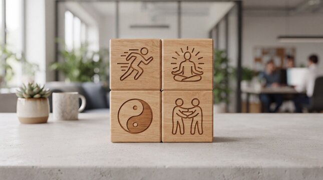Minimalist wooden blocks with wellness icons on a concrete table in an office setting