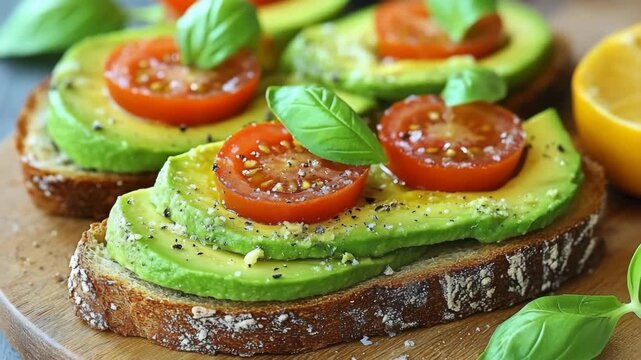 selective focus avocado bruschetta cherry tomatoes basil olive oil sea salt crispy toast