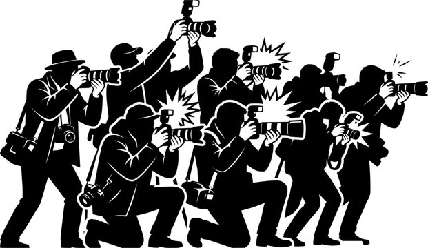 Vector illustration set of a group of paparazzi press photographers capturing photos, featuring reporters with professional DSLR cameras, telephoto zoom lenses, and speedlight flashes firing from stan