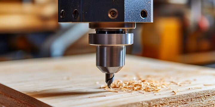 Close view on rotating metal carving bit of CNC industrial wood milling machine creating a product