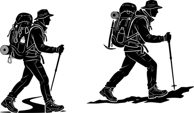 Vector illustration set of a male hiker walking and trekking outdoors, wearing a bucket hat, jacket, heavy backpack, and holding trekking poles in two dynamic walking poses, isolated on a white 