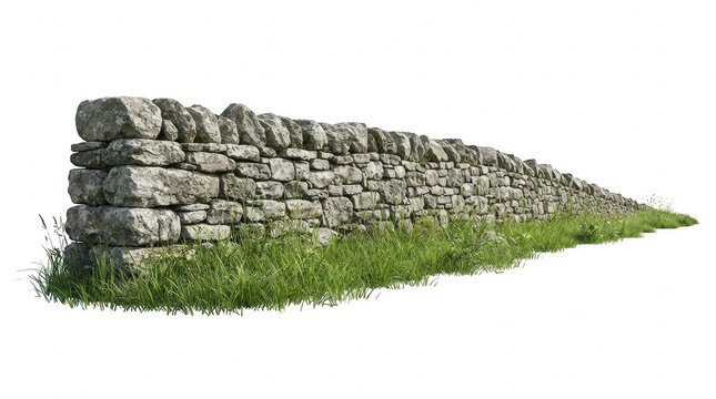 Dry stone wall with green grass in bright daylight isolated on transparent background