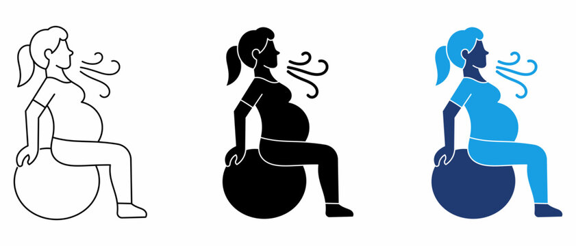 Pregnant woman on exercise ball practicing breathing icon set in outline, solid, and colored styles for maternity fitness.