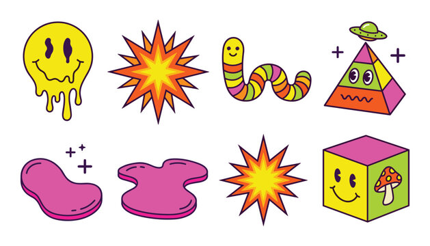 Psychedelic retro sticker vector set featuring melting smiley face starbursts colorful caterpillar geometric shapes and mushroom cube