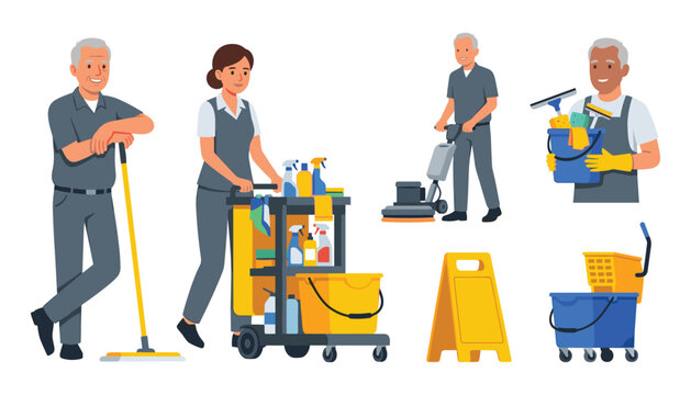 Professional Janitor and Cleaning Service Staff Vector Set with Characters Pushing Supply Cart Buffing Floor Holding Mop and Mop Bucket Isolated on White Background