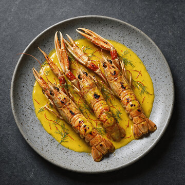 Grilled Langoustines Served with Golden Saffron Sauce and Fresh Dill on a Ceramic Plate