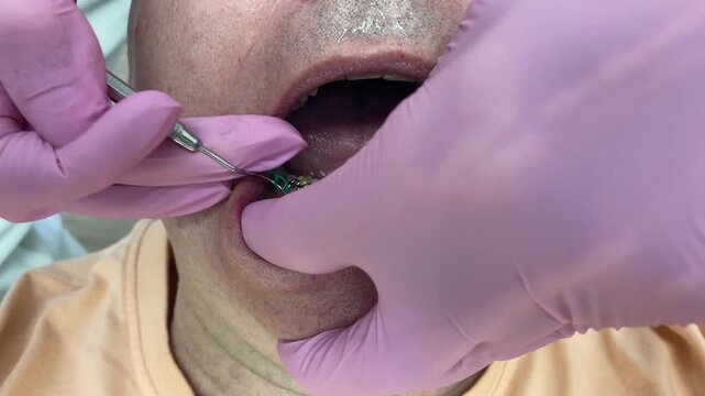 Orthodontist working on a patient&rsquo;s braces removing elastics with pick instrument, equipment, tool