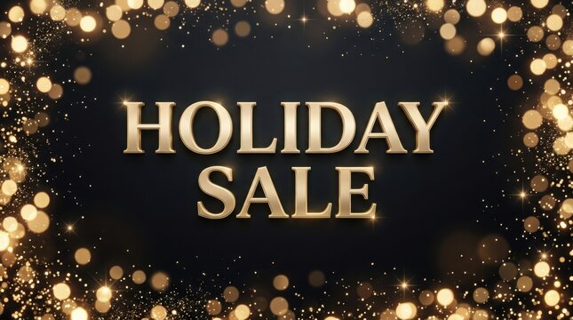 Golden Holiday Sale text with bokeh lights and sparkles on dark background