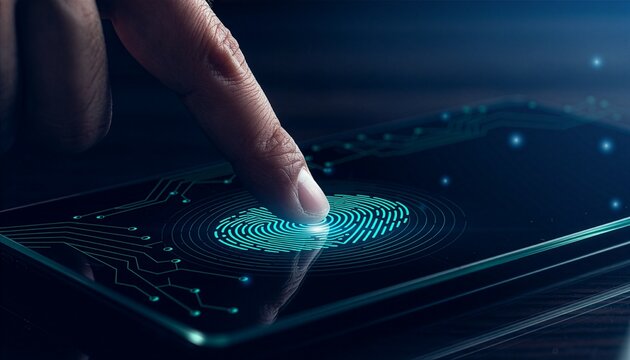 Finger touching smartphone screen with glowing cyan digital biometric fingerprint scan.