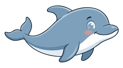 Fototapeta premium Cute dolphin character vector illustration with a friendly expression, smooth blue-gray body, clean bold outline, and rounded cartoon style isolated on white background for stock designs.