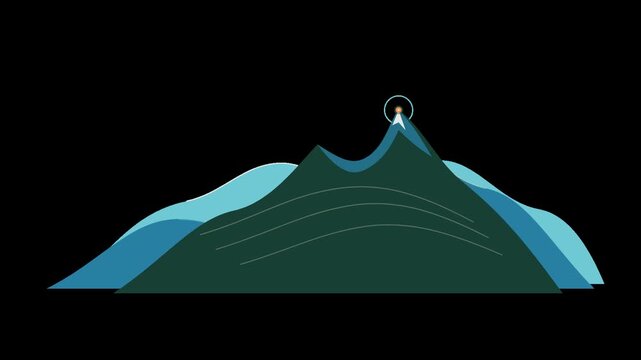 Layered mountain landscape animation revealing a destination marker with expanding location pulses. Designed for mountain travel, hiking, outdoor adventure, tourism, exploration, trekking, nature, and