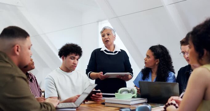 Tablet, lecturer and talking with college students for education, course or assignment review. Tech, people and professor in university for knowledge development, teaching curriculum or learning