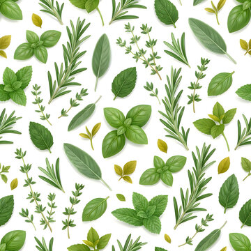 Fresh culinary herbs pattern with rosemary basil and thyme leaves on a white background