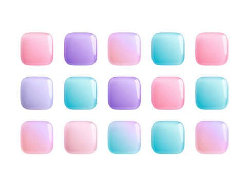 Set of glossy pastel square buttons isolated on a transparent background