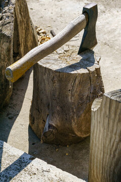 Woodcutting axe resting on tree stump