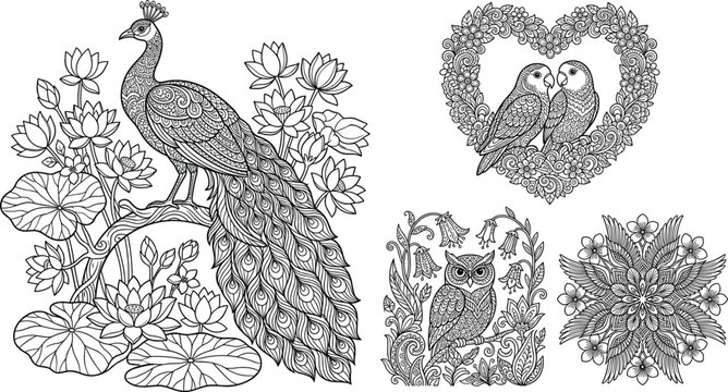 Peacock and owl zentangle line art bird vector bundle. Lovebirds, lotus flower, mandala, nature, garden, coloring book page, adult stress relief. Vector illustration
