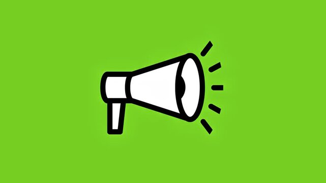Minimalist animated megaphone icon broadcasting sound waves on a green screen key background, perfect for marketing, announcements, and communication concepts.