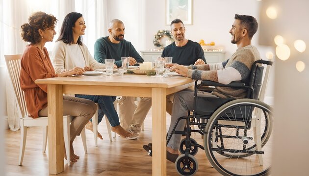 Cinco adultos conversando alrededor de una mesa con una persona en silla de ruedas