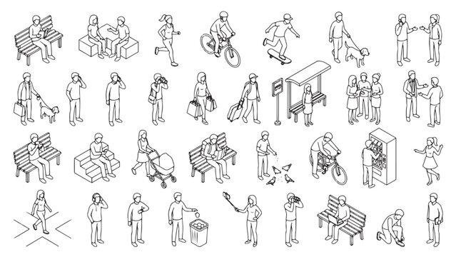 Isometric Street Life People with Benches, Bus Shelter, Vending Machine and Litter Bin Outline Set for Public Space Design, City Furniture Planning, Urban Infographics and Transit Presentations