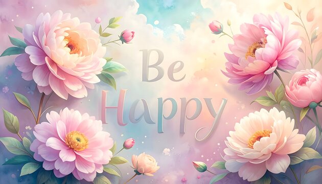 Dise&ntilde;o floral pastel con texto BE HAPPY rodeado de flores rosas