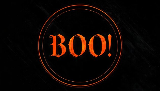 Texto Boo! naranja dentro de c&iacute;rculo sobre fondo negro de Halloween
