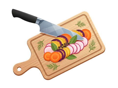 Fresh vegetable slices being prepared on a wooden cutting board with a sharp chef knife chopped vegetables food preparation cooking ingredients sliced carrots