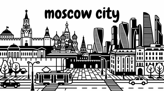 moscow city skyline urban architecture downtown landmark travel tourism world famous destination black and white vector kremlin redsquare russian heritage churches museums river monuments