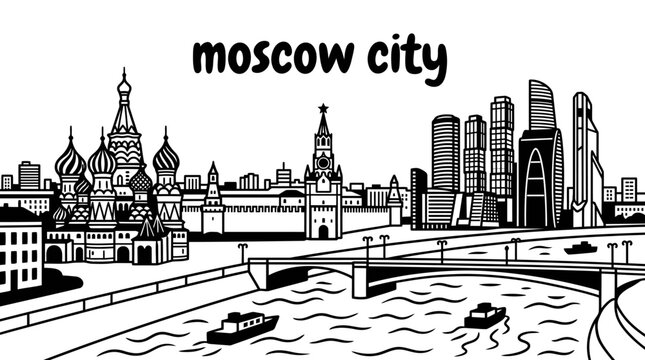 moscow city skyline urban architecture downtown landmark travel tourism world famous destination black and white vector kremlin redsquare russian heritage churches museums river monuments