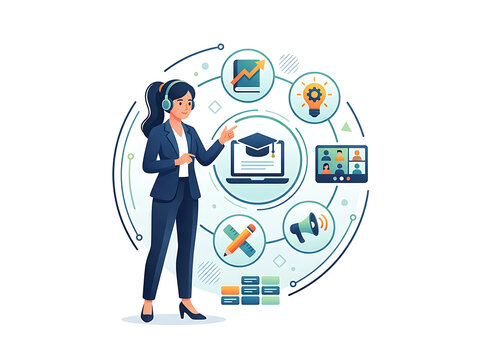 Professional woman presenting online education and digital learning platform with icons for virtual classroom e learning education technology online training