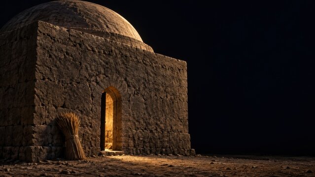 Domed stone oven beside a bundle of grain, with an illuminated arched entrance. Pompeian oven and the parable of the weeds and wheat. Biblical harvest and judgment.