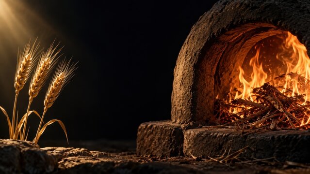 Golden wheat beside burning plant matter in a stone oven. Parable of the weeds and wheat. Biblical teaching on harvest and judgment. Pompeian oven and Christian symbolism.