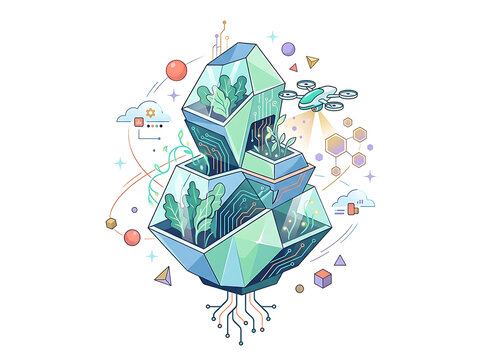 Abstract geometric eco-futuristic architecture concept with plants and digital drone integration futuristic building sustainable design geometric structure smart city