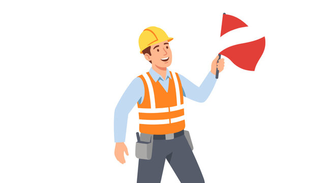 Worker holding warning flag for traffic control.