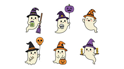 Obraz premium Cute Kawaii Halloween Ghosts Set with Witch Hats and Spooky Accessories