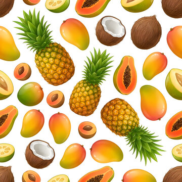 Seamless pattern of tropical fruits including pineapple mango papaya and coconut on white background