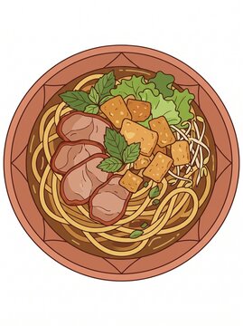 vietnamese Hoi An Cao Lau Noodle Bowl Vector Illustration