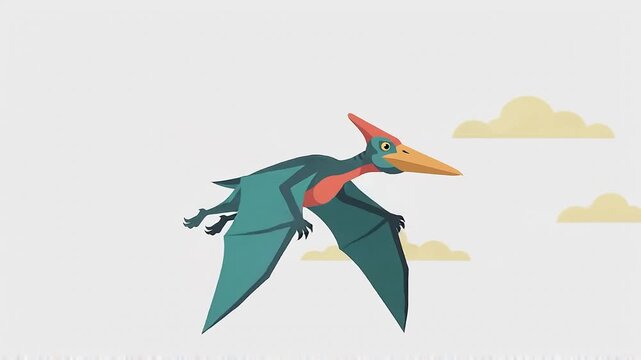 Vibrant animated video of a pterodactyl, a prehistoric reptile, soaring gracefully through a stylized sky with soft clouds, perfect for captivating educational content