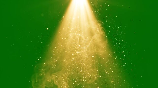 Golden light beam with floating dust particles. Warm sun ray spotlight effect on green screen background. Dramatic glowing overlay element