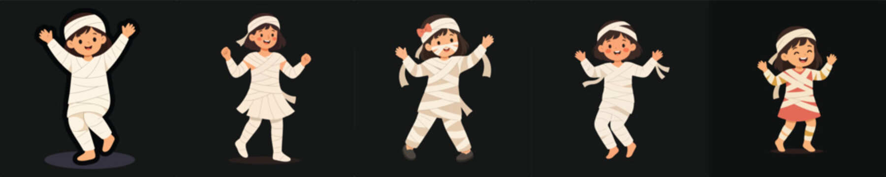 Flat vector illustration of a little girl in a Halloween mummy costume dancing happily