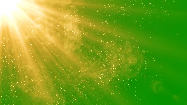 Golden light beam with floating dust particles. Warm sun ray spotlight effect on green screen background. Dramatic glowing overlay element