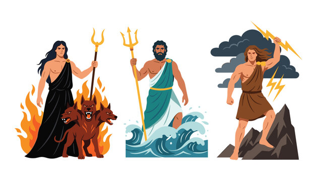 Greek mythology gods character set featuring Hades with Cerberus Poseidon with trident in waves and Zeus with lightning bolt vector illustration