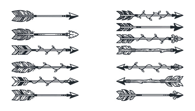 Hand Drawn Ethnic Tribal Arrows with Feathers and Vine Details for Rustic Boho Graphics Tattoo Designs Wedding Invitations and Native American Style Decoration